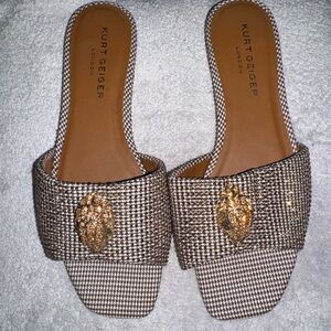 Kurt Geiger Brown Houndstooth Sandals with Gold Accent